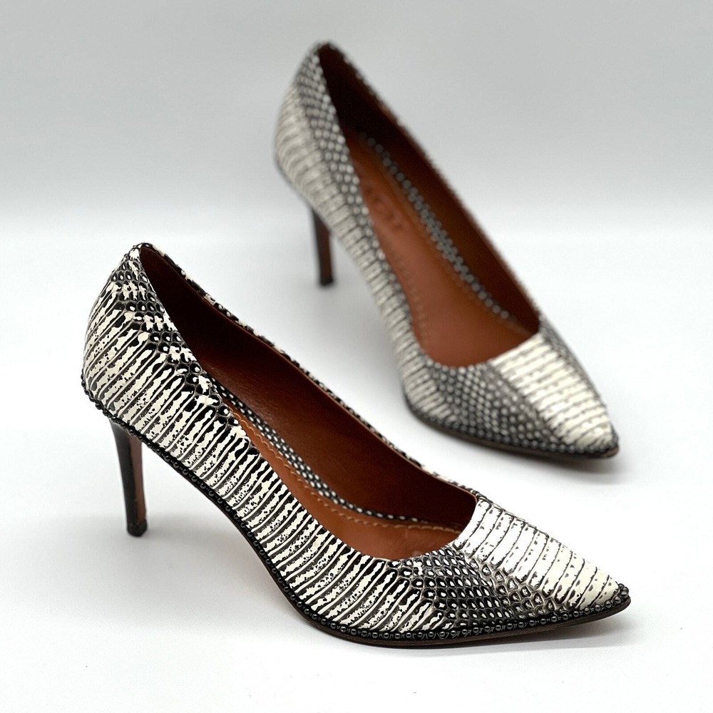 COACH Pumps Women 6 Black White Snakeskin Print Stiletto Pointed Toe Beadchain